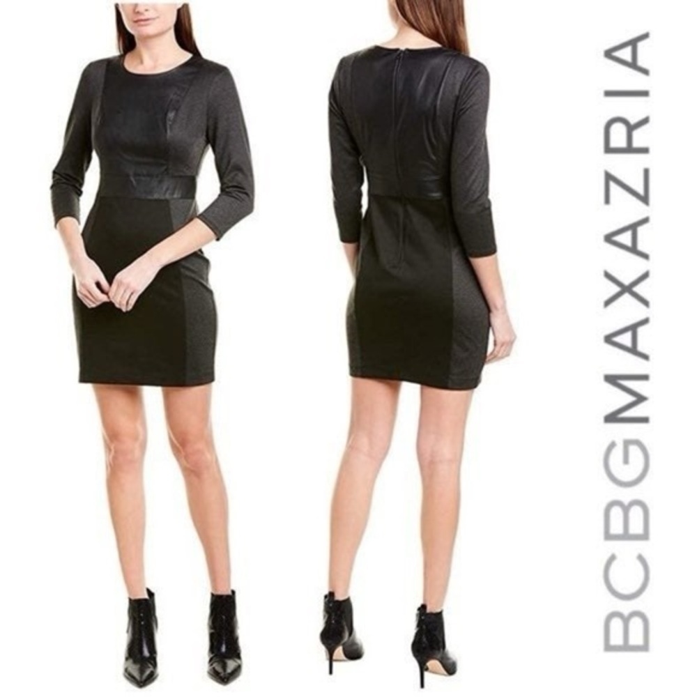 NWT Bcbgmaxazria Paneled Faux Leather 3/4 Sleeves Dress Size XS Gray/Black